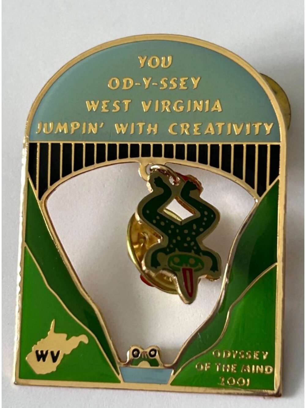 Vintage Odyssey of the Mind West Virginia WV Dangle Frog Lapel Pin 2001